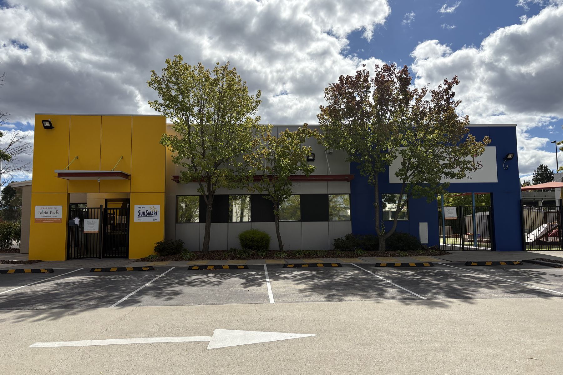The front of Bright Buds Early Learning Centre in Symonston, with its yellow and blue entrances