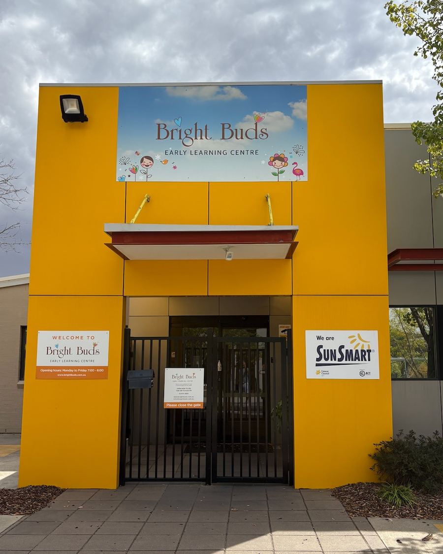 The yellow front entrance to Bright Buds